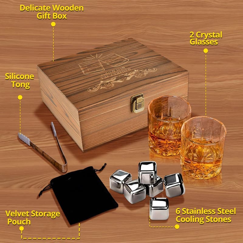 Whiskey Glasses Gift Set for Men with Wooden Box