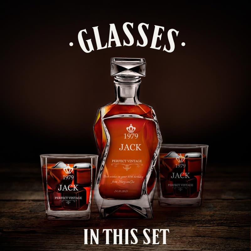 Personalized Whiskey Decanter Set for Him - 3 Piece Birthday Gift