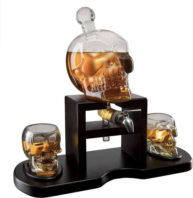 Skull Decanter Set with Shot Glasses & Wooden Base