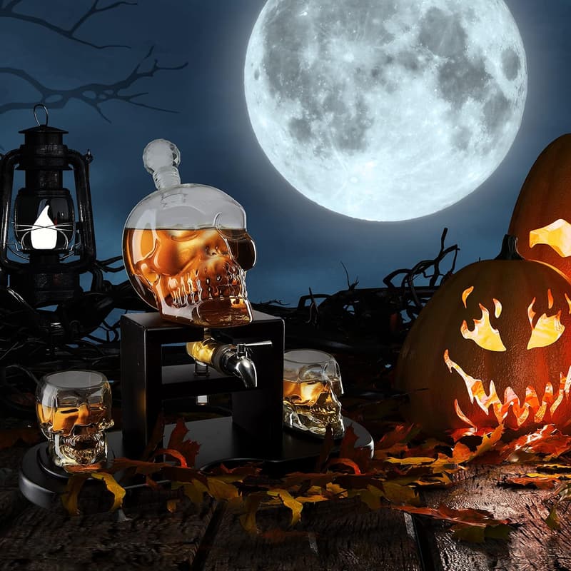 Skull Decanter Set with Shot Glasses & Wooden Base