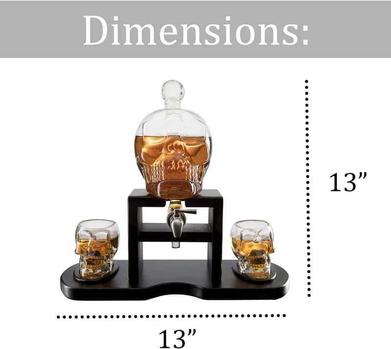 Skull Decanter Set with Shot Glasses & Wooden Base