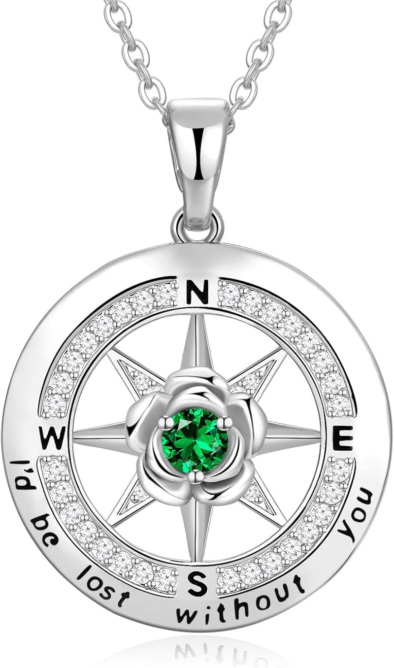 Rose Flower Birthstone Compass Necklace for Women