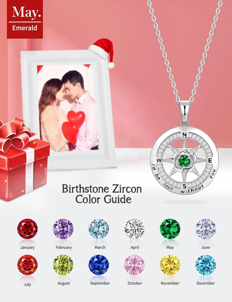 Rose Flower Birthstone Compass Necklace for Women