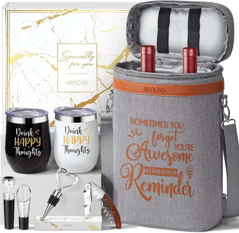 Wine Gifts Basket Set with Cooler Bag & Tumblers for Women