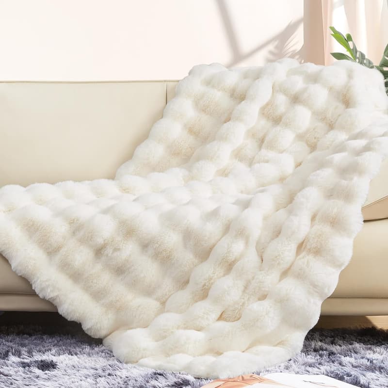 Luxury Faux Rabbit Fur Throw Blanket - Cream White, Reversible