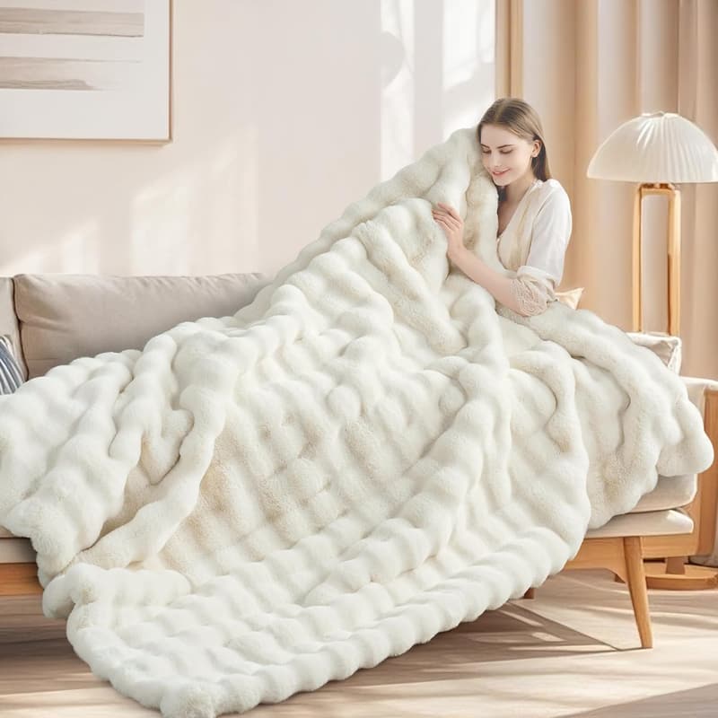 Luxury Faux Rabbit Fur Throw Blanket - Cream White, Reversible