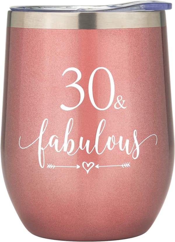 30th Birthday Rose Gold Wine Tumbler for Women, 12oz Insulated
