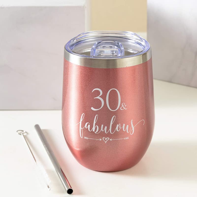 30th Birthday Rose Gold Wine Tumbler for Women, 12oz Insulated
