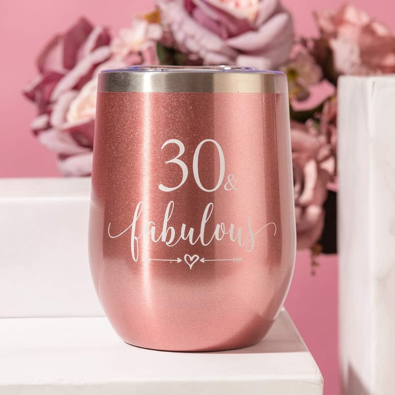 30th Birthday Rose Gold Wine Tumbler for Women, 12oz Insulated