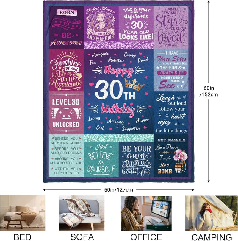 30th Birthday Throw Blanket for Women, 60