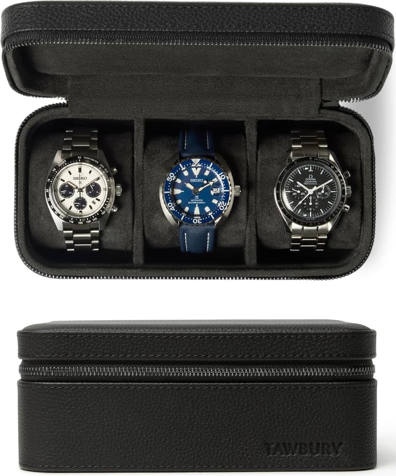 Men's Luxury Leather 3-Watch Travel Case in Black