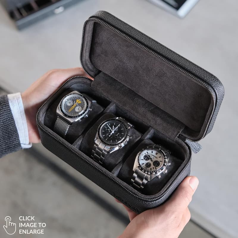 Men's Luxury Leather 3-Watch Travel Case in Black