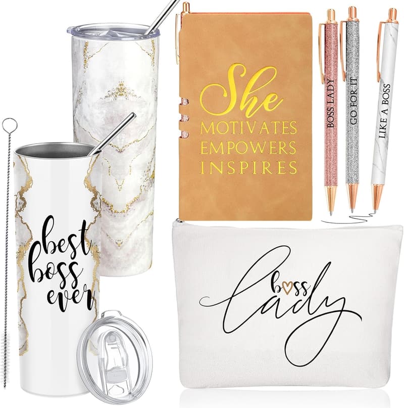 Boss Day Appreciation Gift Set for Women - Rustic Marble Tumbler & Accessories