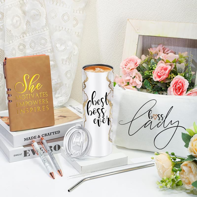 Boss Day Appreciation Gift Set for Women - Rustic Marble Tumbler & Accessories