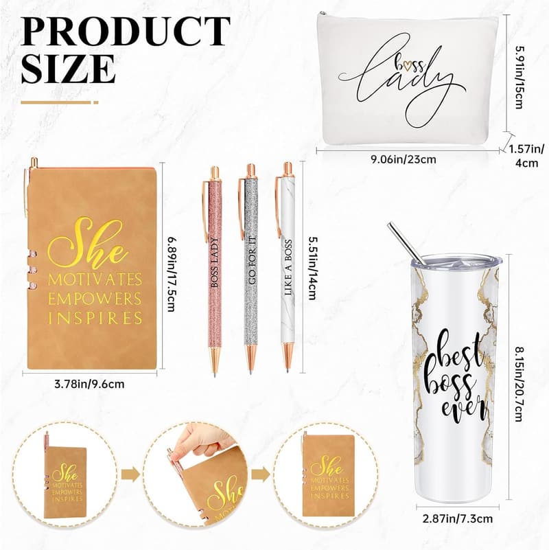 Boss Day Appreciation Gift Set for Women - Rustic Marble Tumbler & Accessories