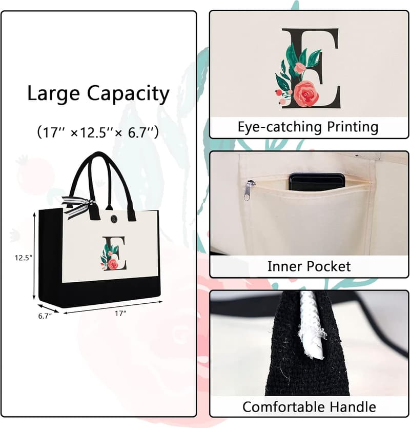 Personalized Initial Canvas Tote Bag for Women's Birthday