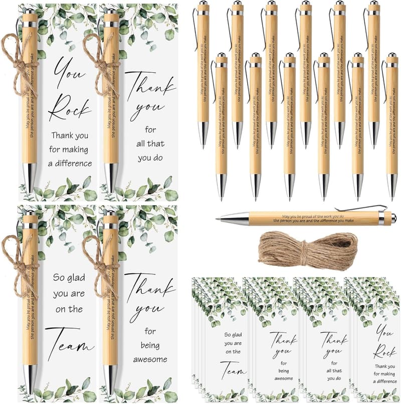Employee Appreciation Thank You Gift Set - 25 Bamboo Pens & Quote Cards
