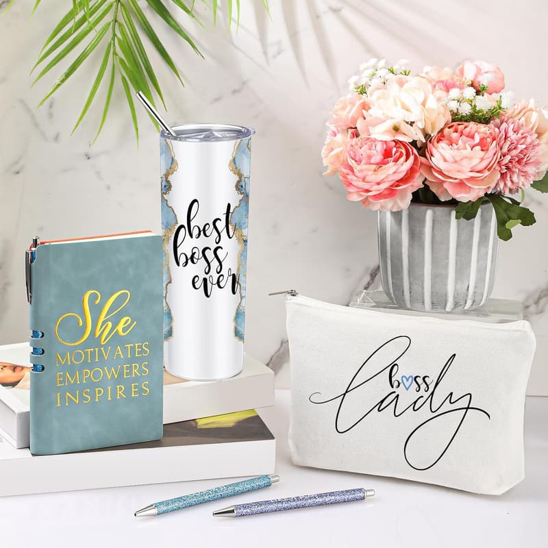 Boss Day Appreciation Gift Set for Women - Tumbler, Makeup Bag & Notepad