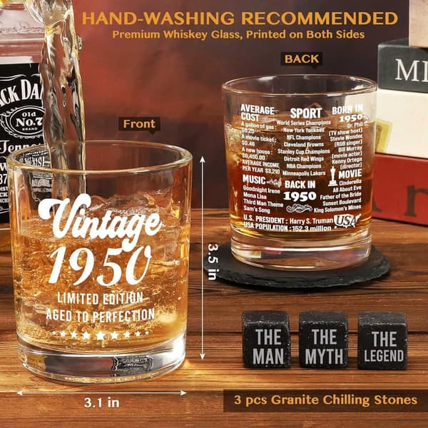 75th Birthday Whiskey Glass Set with Stones & Coaster for Men