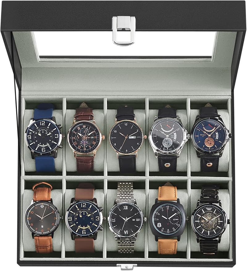10-Slot Black Leather Watch Box Organizer with Glass Lid