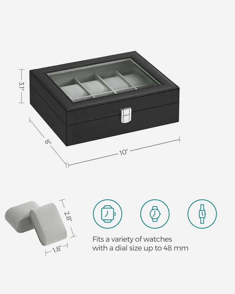 10-Slot Black Leather Watch Box Organizer with Glass Lid