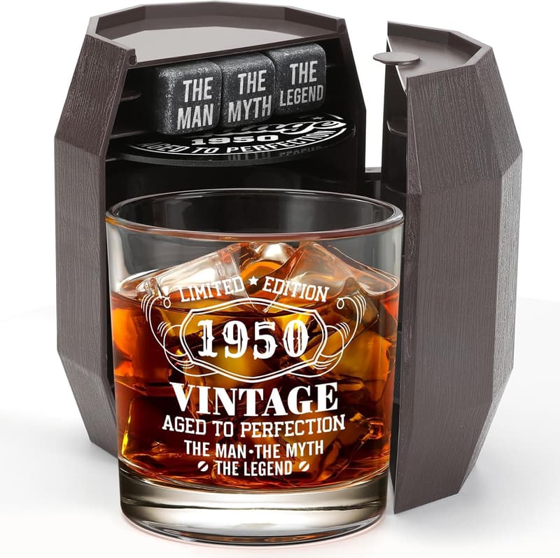 75th Birthday Vintage Whiskey Glass Set in Barrel Box for Men