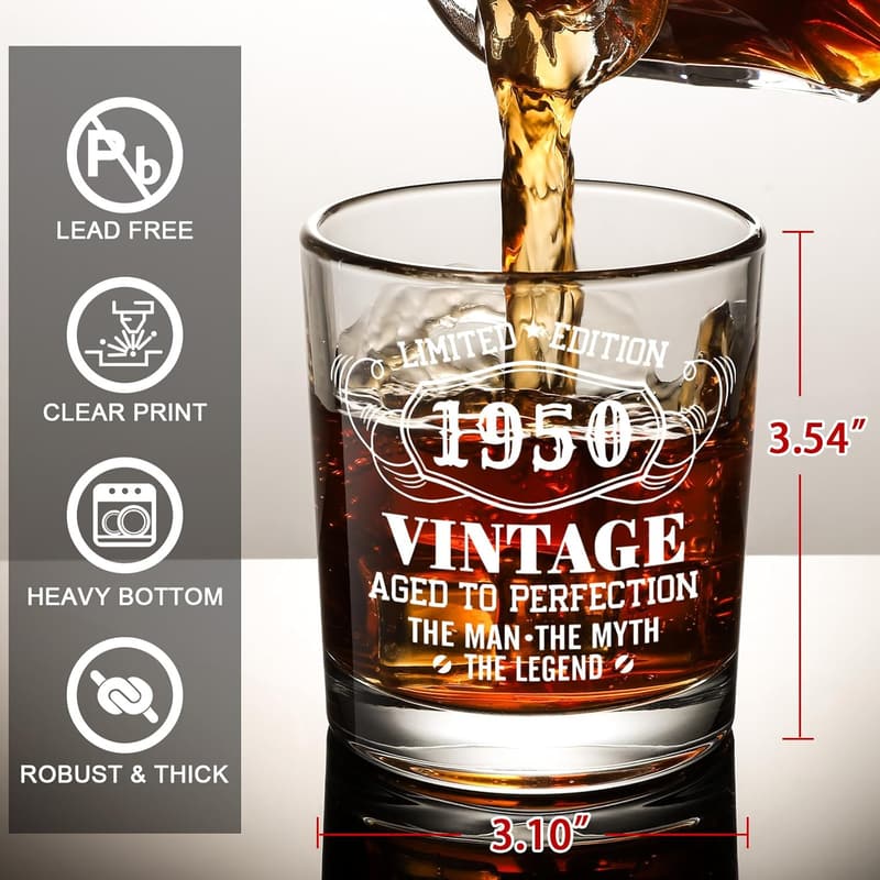 75th Birthday Vintage Whiskey Glass Set in Barrel Box for Men