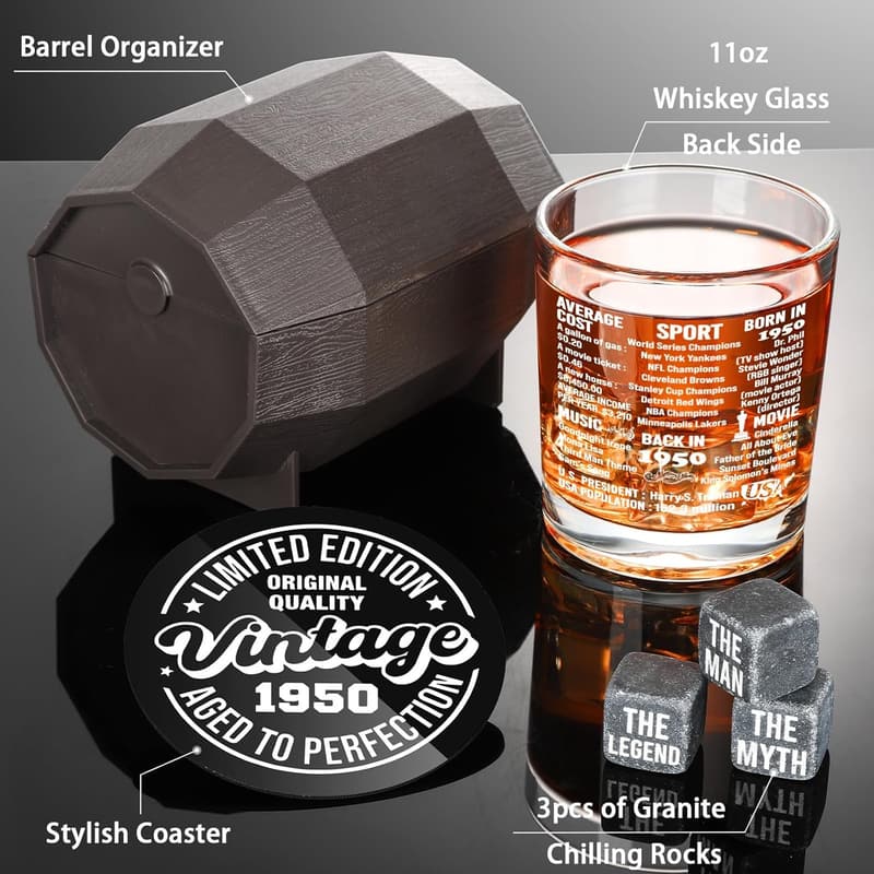 75th Birthday Vintage Whiskey Glass Set in Barrel Box for Men