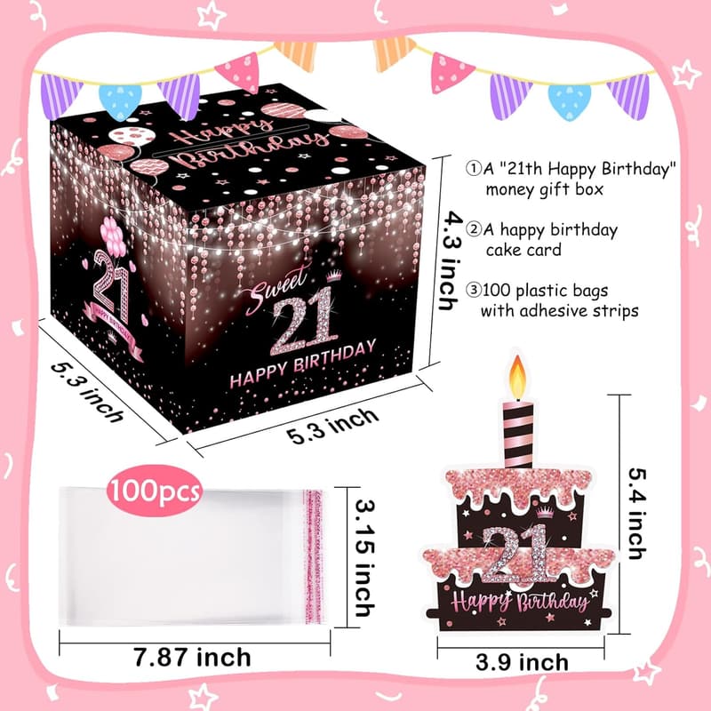 21st Birthday Cash Gift Box with 100 Transparent Bags