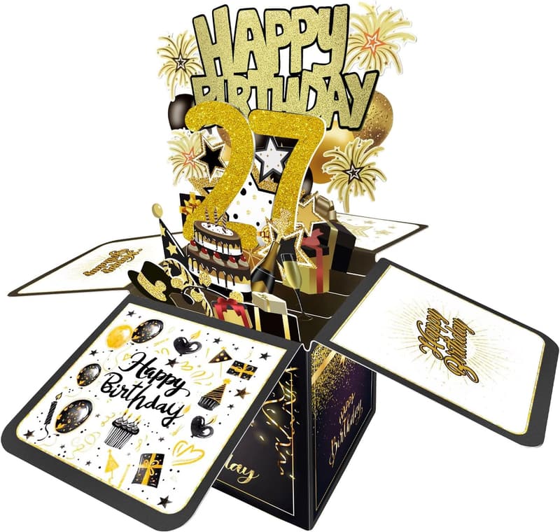 27th Birthday 3D Card for Women and Men, Gift Box Option