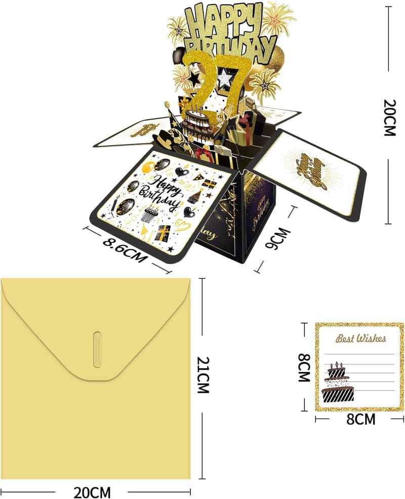 27th Birthday 3D Card for Women and Men, Gift Box Option