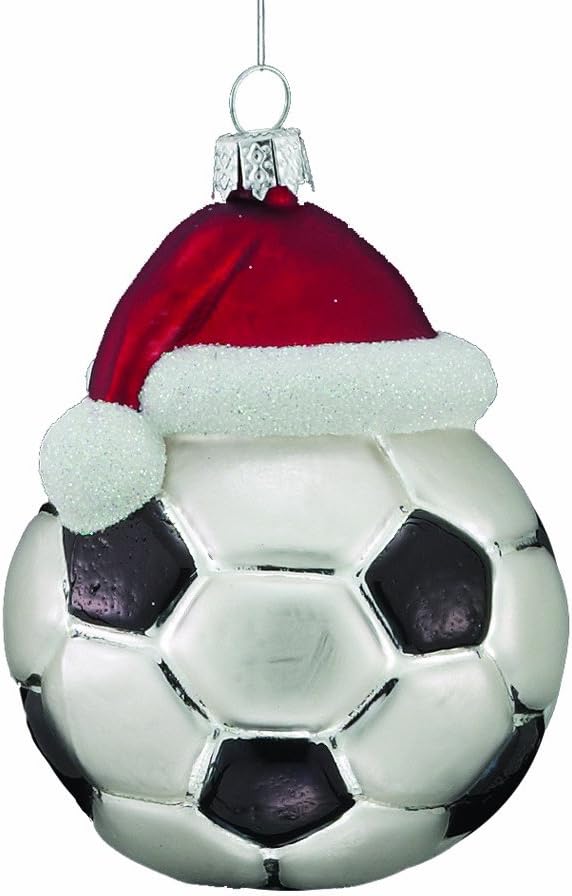 Christmas Soccer Ball Glass Ornament with Santa Hat