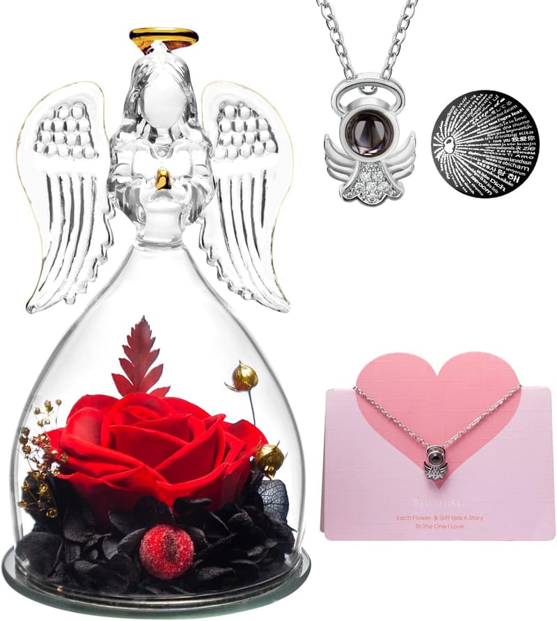 Valentine's Day Preserved Real Rose with Glass Angel Figurine for Women