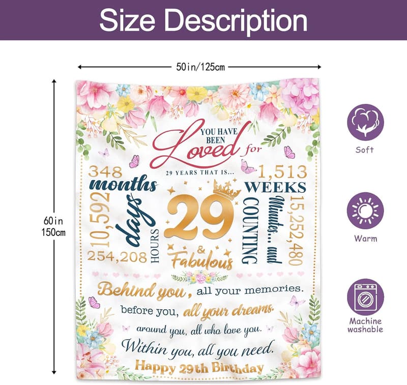 29th Birthday Blanket Gift for Women - 60” x 50”