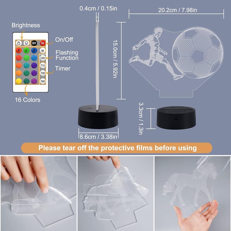 Soccer Night Light 3D Lamp for Kids - 16 Color Changing Decor