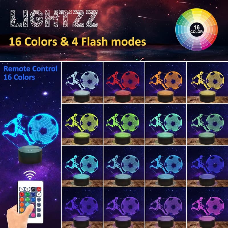 Soccer Night Light 3D Lamp for Kids - 16 Color Changing Decor