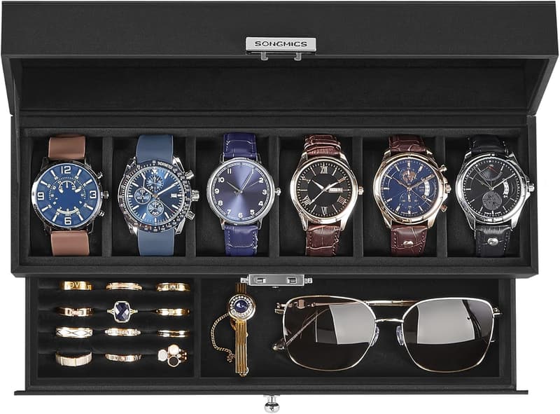 Lockable 6-Slot Watch Box with Drawer - Black Synthetic Leather
