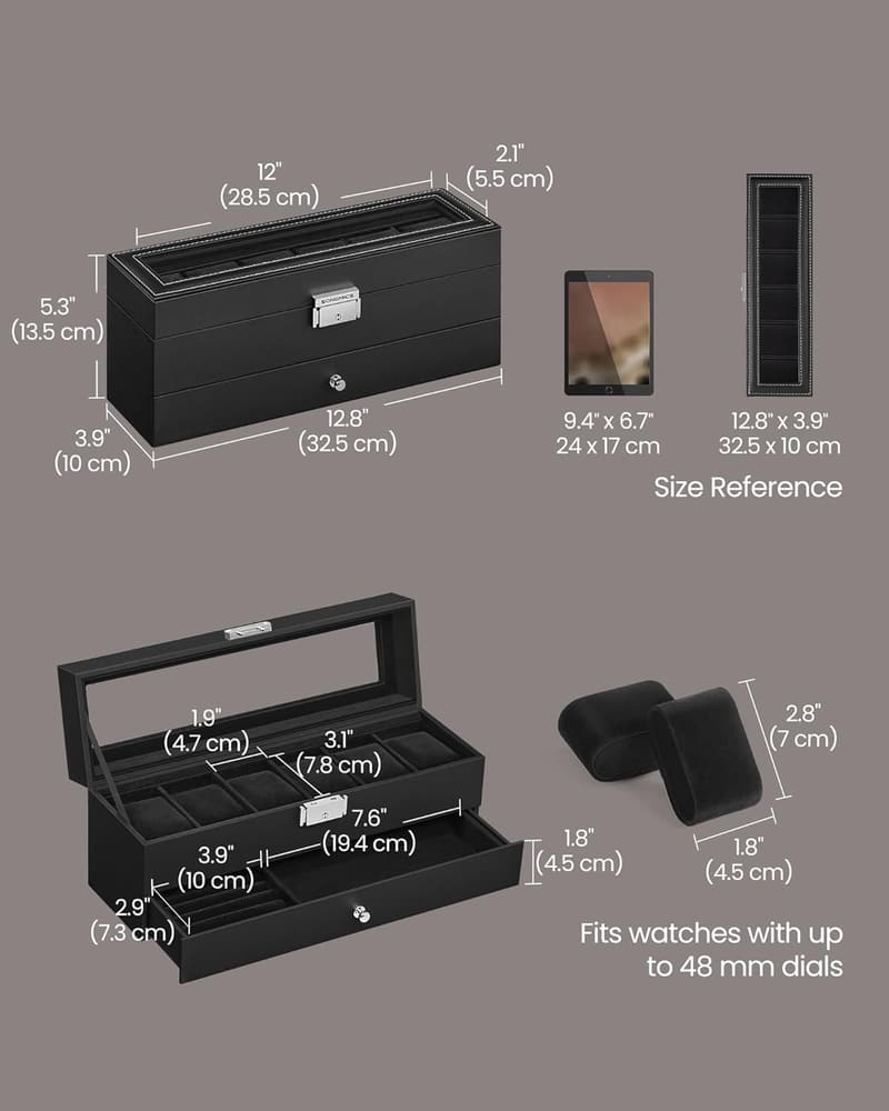 Lockable 6-Slot Watch Box with Drawer - Black Synthetic Leather