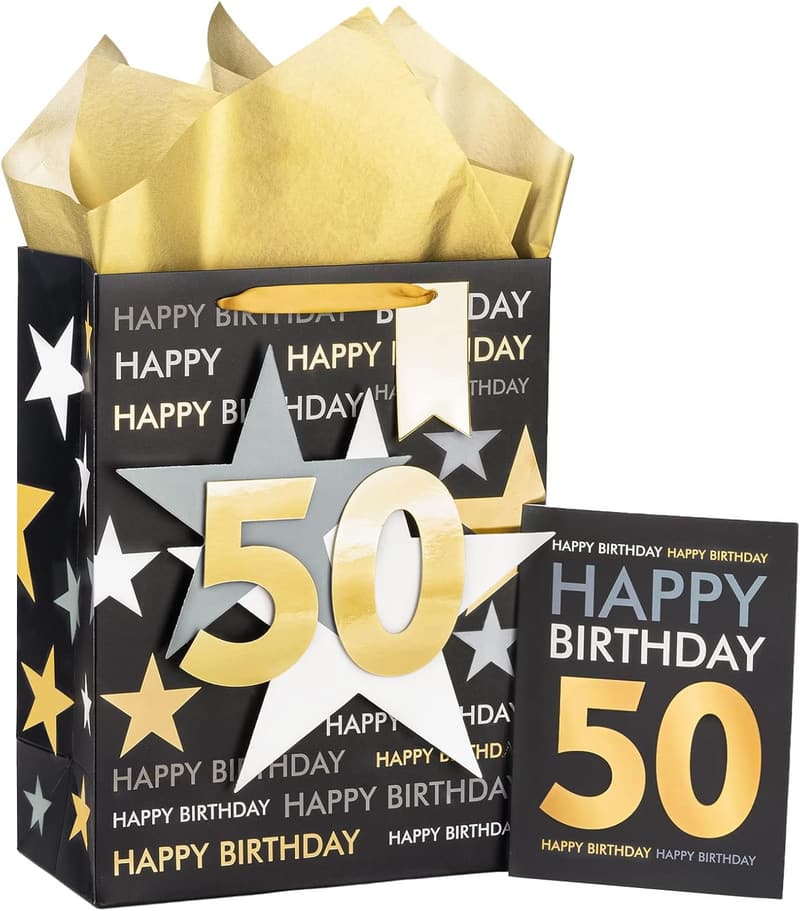 50th Birthday Gift Bag with Tissue Paper - Black Gold