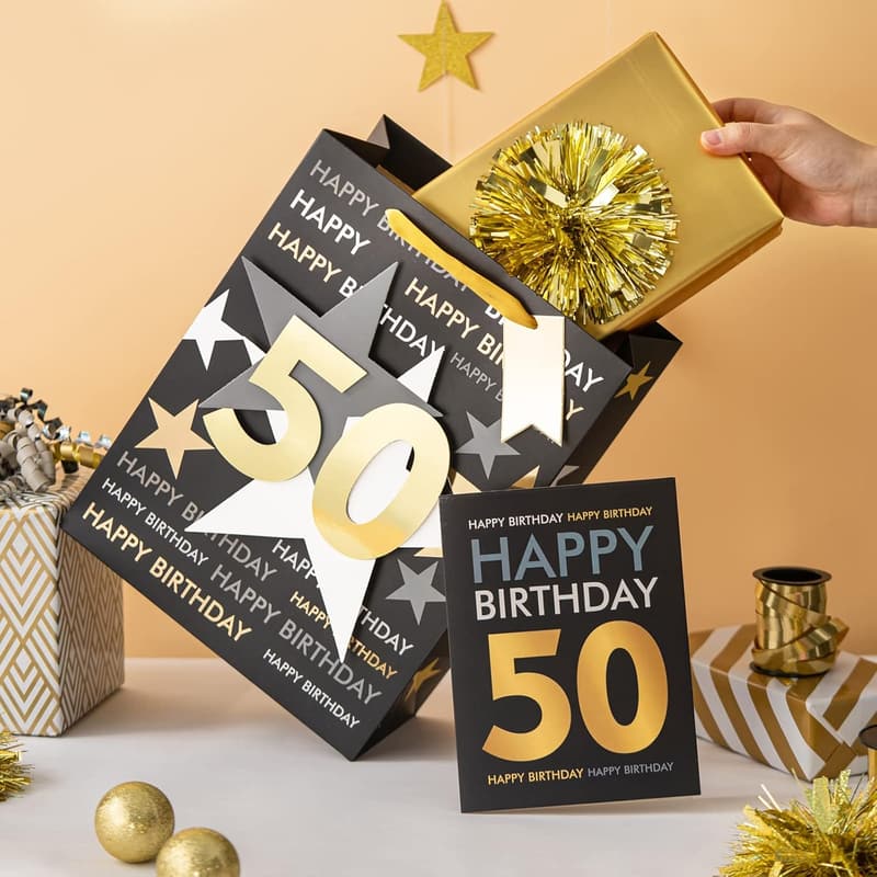 50th Birthday Gift Bag with Tissue Paper - Black Gold