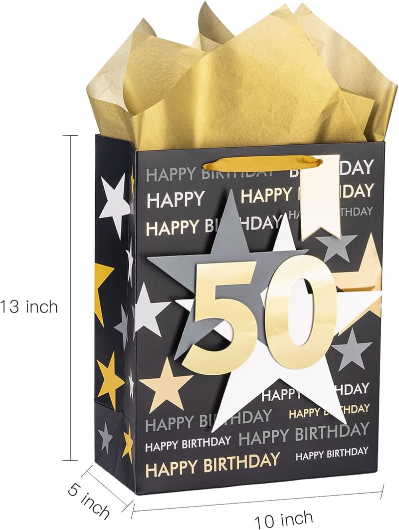 50th Birthday Gift Bag with Tissue Paper - Black Gold