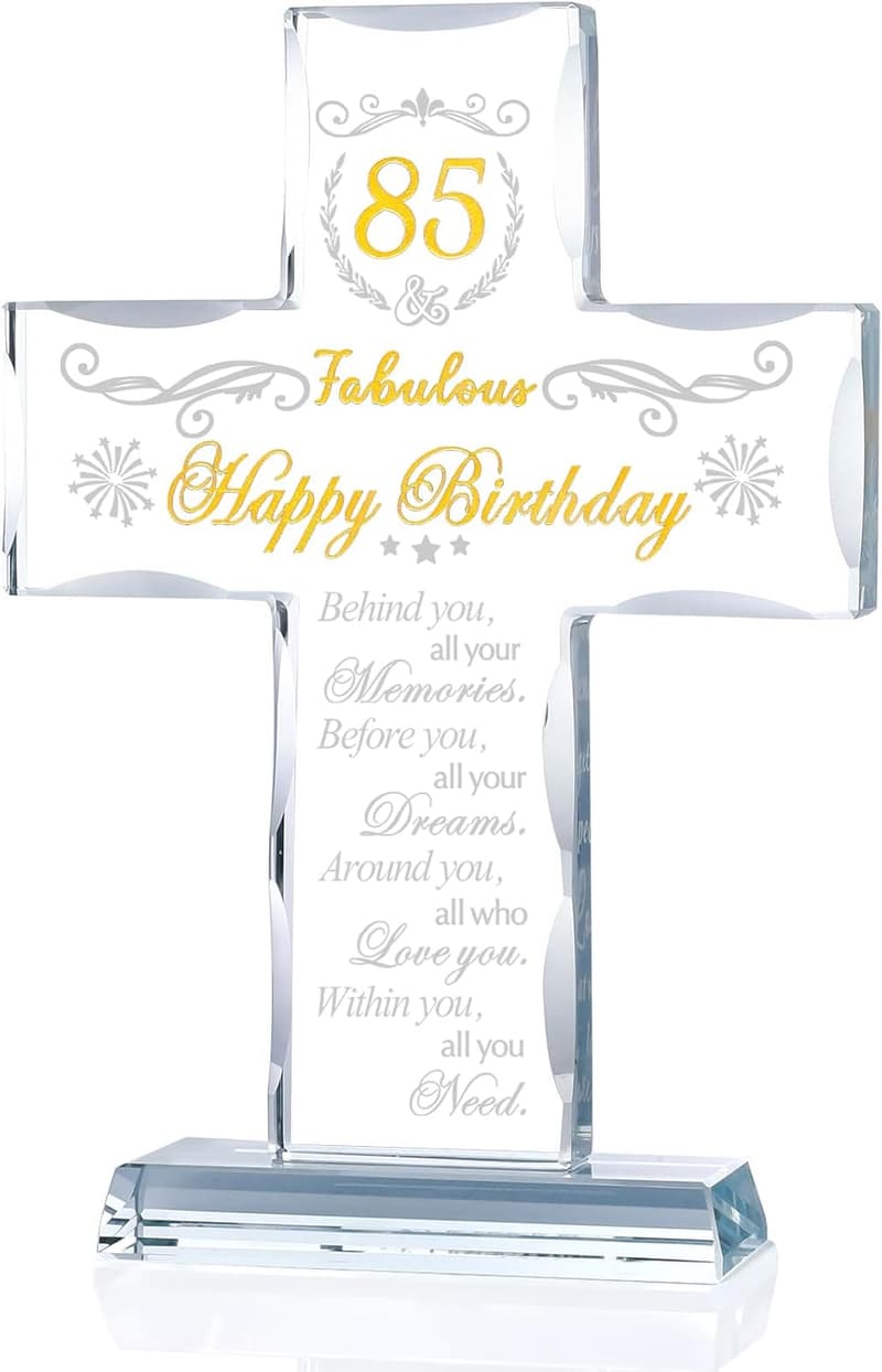 85th Birthday Glass Cross Stand - Engraved Religious Gift for Women