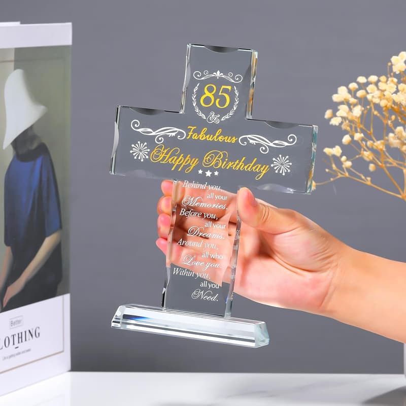 85th Birthday Glass Cross Stand - Engraved Religious Gift for Women