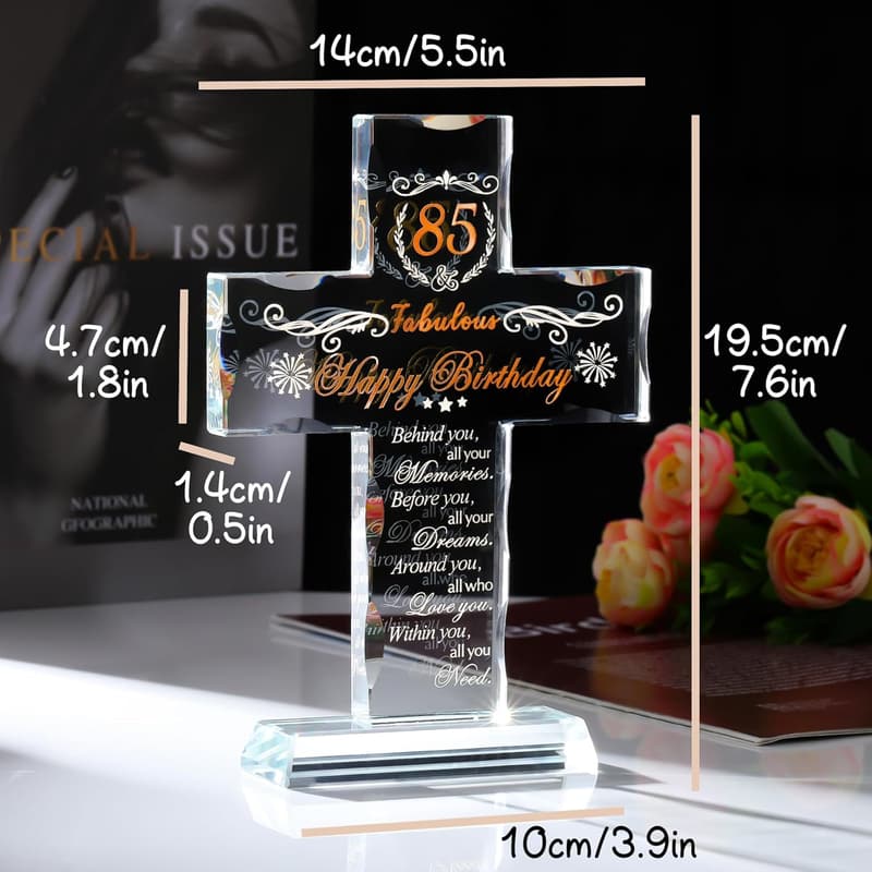85th Birthday Glass Cross Stand - Engraved Religious Gift for Women