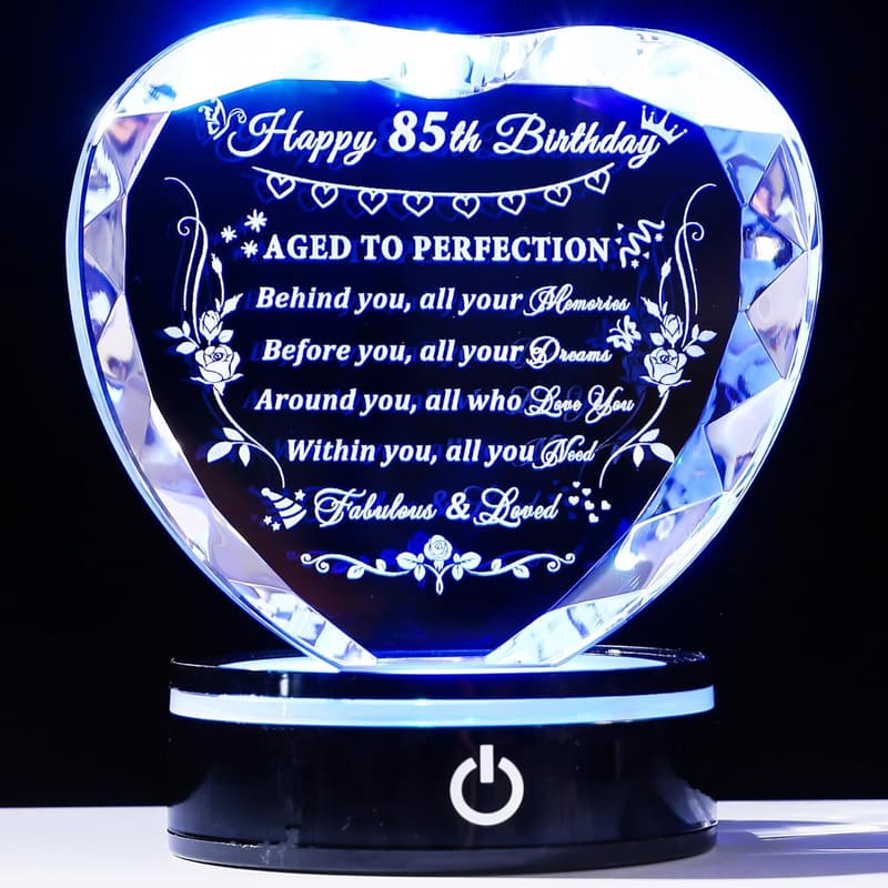 85th Birthday Laser Engraved Crystal Heart Gift for Her/Him