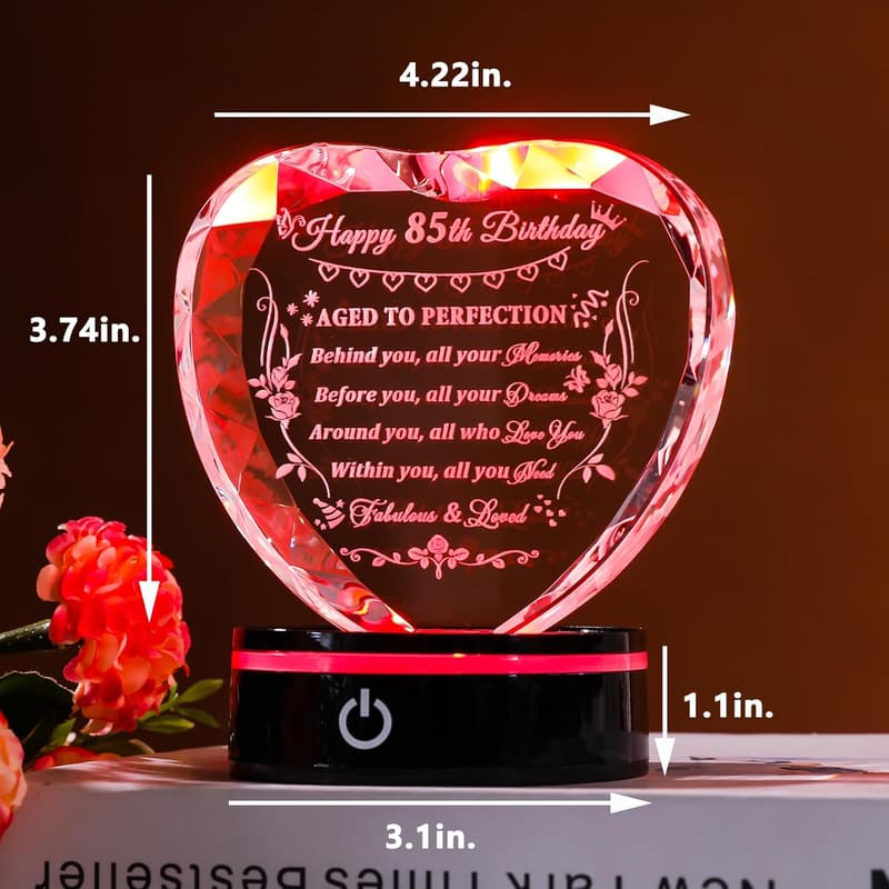 85th Birthday Laser Engraved Crystal Heart Gift for Her/Him