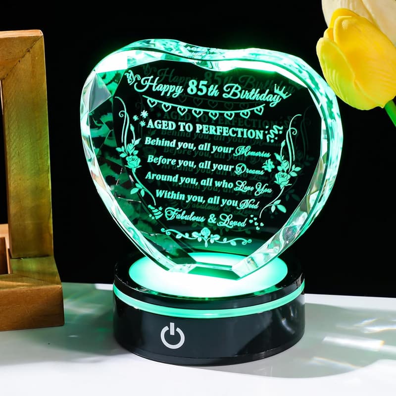85th Birthday Laser Engraved Crystal Heart Gift for Her/Him
