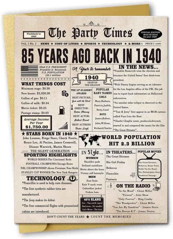 85th Birthday Card for Mom & Dad, Vintage Gift for Men & Women