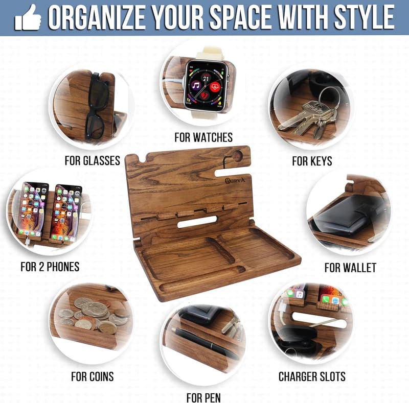 Foldable Rustic Phone Docking Station - Nightstand Organizer for Men