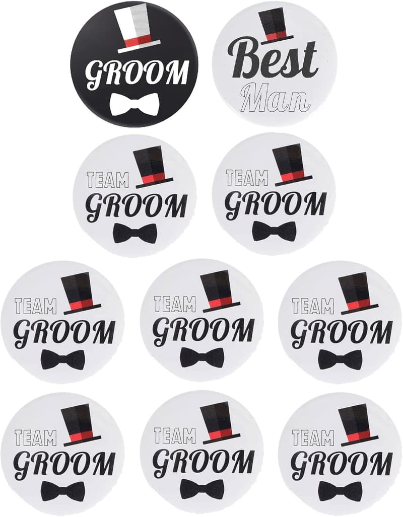 Groom & Groomsmen Button Set - 1 Groom, 1 Best Man, 8 Team